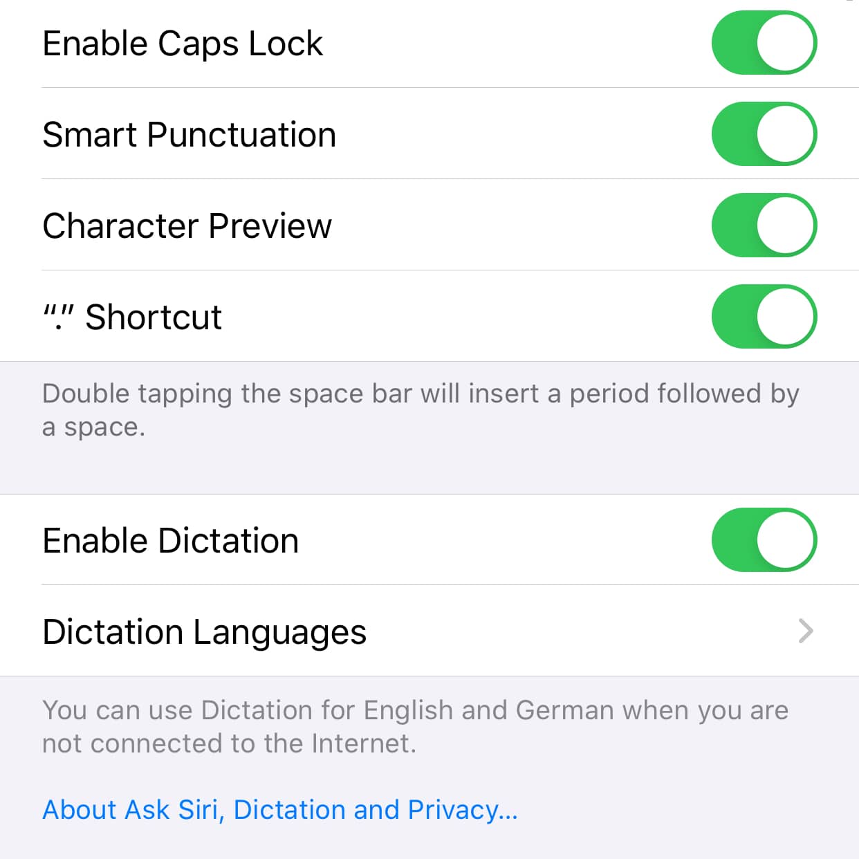Dictation settings on iOS.