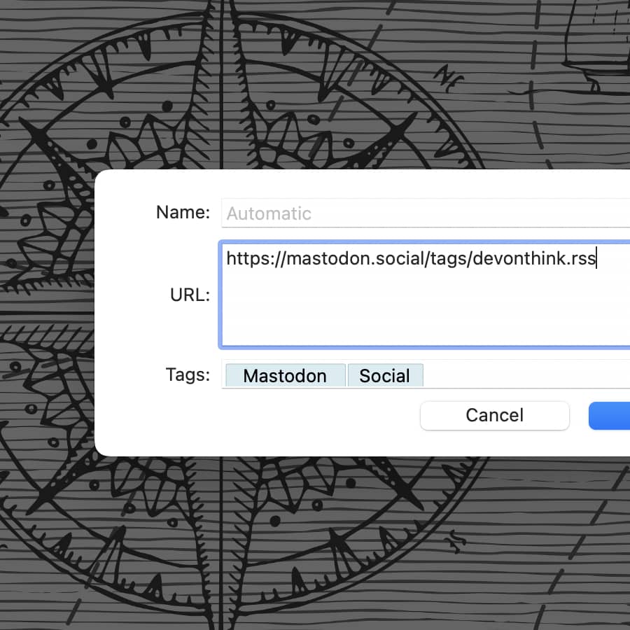 Ein Bildschirmfoto des Dialogs zum Hinzufügen eines Mastodon-RSS-Feeds zu DEVONthink.