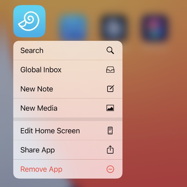 DEVONthink To Go's application icon shortcut menu