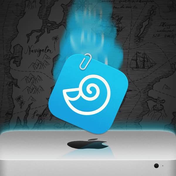Illustration showing a DEVONthink icon falling onto a Mac mini.