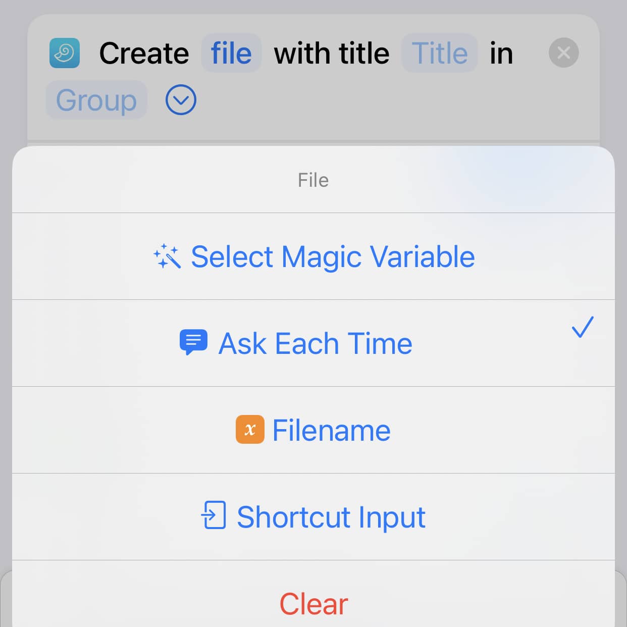 Screenshot showing the file selection menu in Shortcuts.
