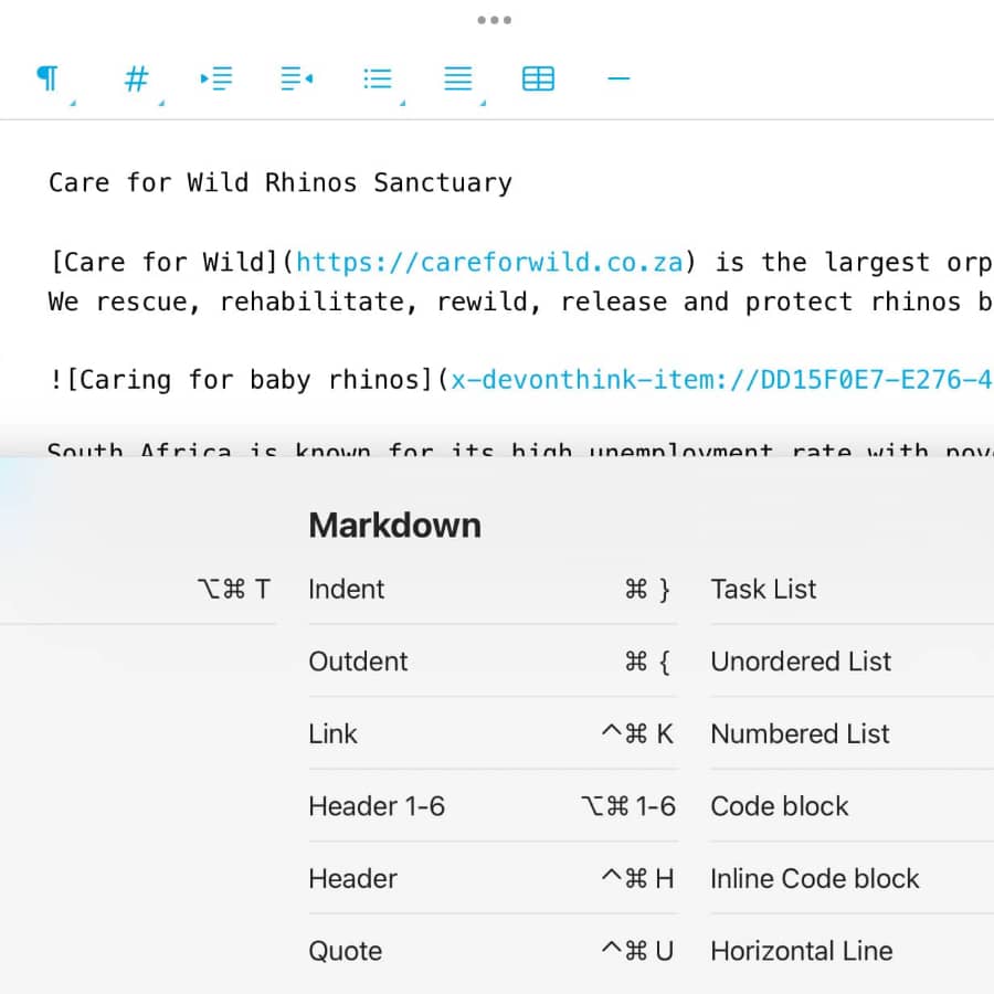 Screenshot showing a Markdown document being edited in DEVONthink To Go and the key commands overlay.