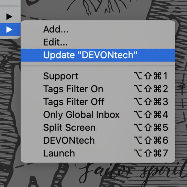 Screenshot showing the workspace menu in DEVONthink