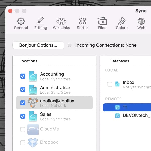 Screenshot showing the sync settings of DEVONthink