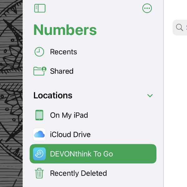 Bildschirmfoto, auf dem die Seitenleiste mit dem Document Provider in Apple Numbers zu sehen ist.