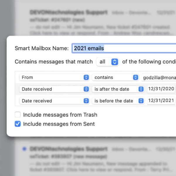 Screenshot showing the smart mailbox editor in Apple Mail.