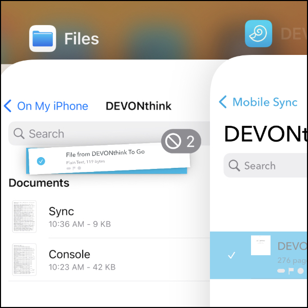 Bildschirmfoto, auf dem mehrere ausgewählte Dokumente zu sehen sind, die über denn App-Umschalter von iOS in eine andere Anwendung gezogen werden.