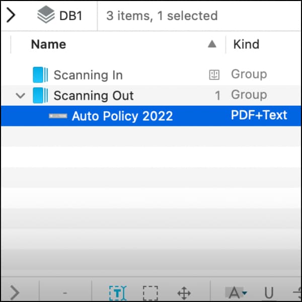 Screenshot showing a group in DEVONthink containing an imported scan.