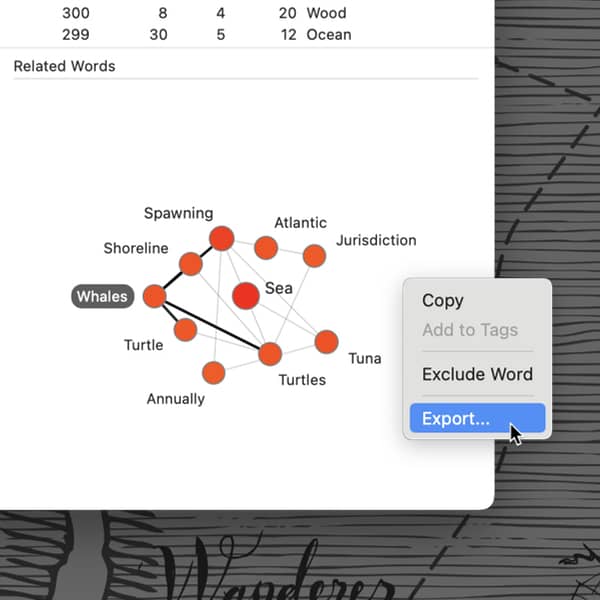 Screenshot showing how to export the graph of related words via the Concordance inspector's contextual menu.