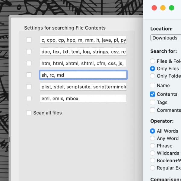 Screenshot showing the settings drawer in EasyFind.