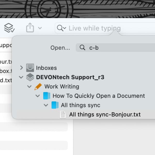 Screenshot showing the Go To Document popover in DEVONthink.