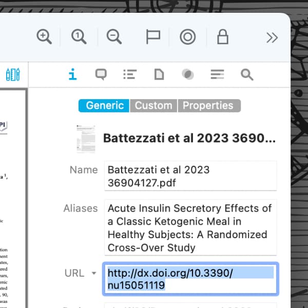 Screenshot showing the Info inspector with some metadata in DEVONthink.