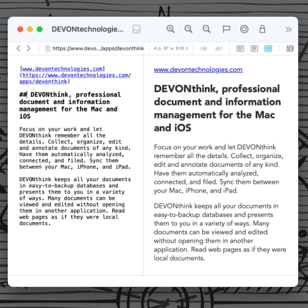 Bildschirmfoto, auf dem ein DEVONthink-Fenster mit einem geöffneten Markdown-Dokument zu sehen ist.