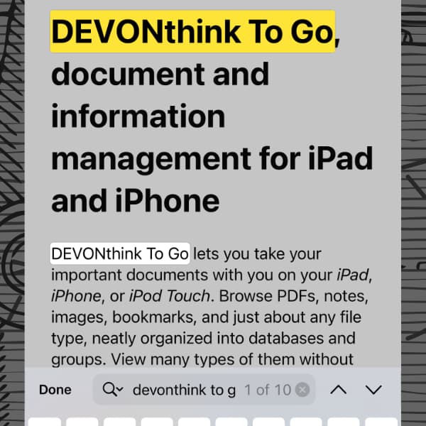 Bildschirmfoto, auf dem eine Suche in einem Dokument in DEVONthink To Go zu sehen ist.