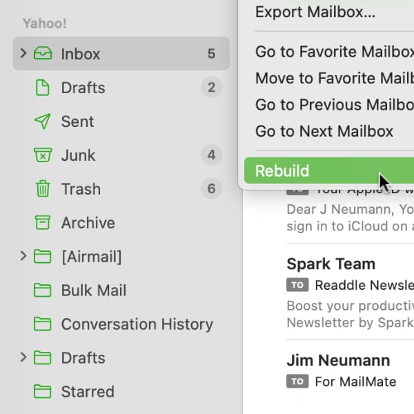Screenshot showing the mailbox Rebuild command in Apple Mail.