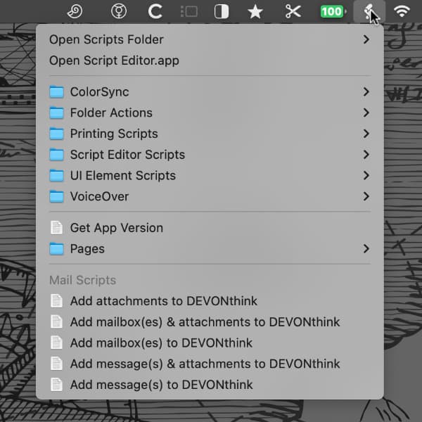 Screenshot showing the global scripts menu with scripts for DEVONthink in Apple Mail.