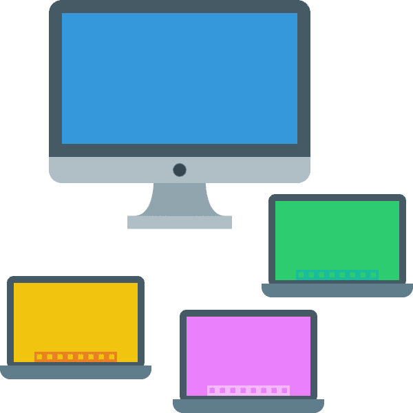 Vier Symbolbilder für verschiedene Typen von Apple-Computern, Schreibtischrechner und Notebooks.