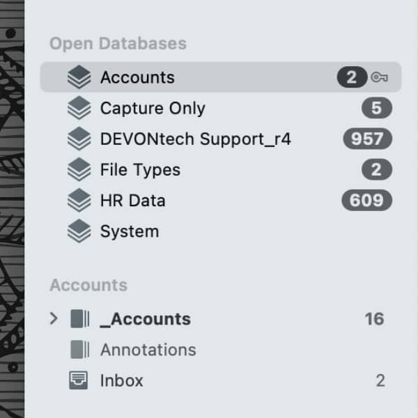 Screenshot showing an encrypted database in DEVONthink.