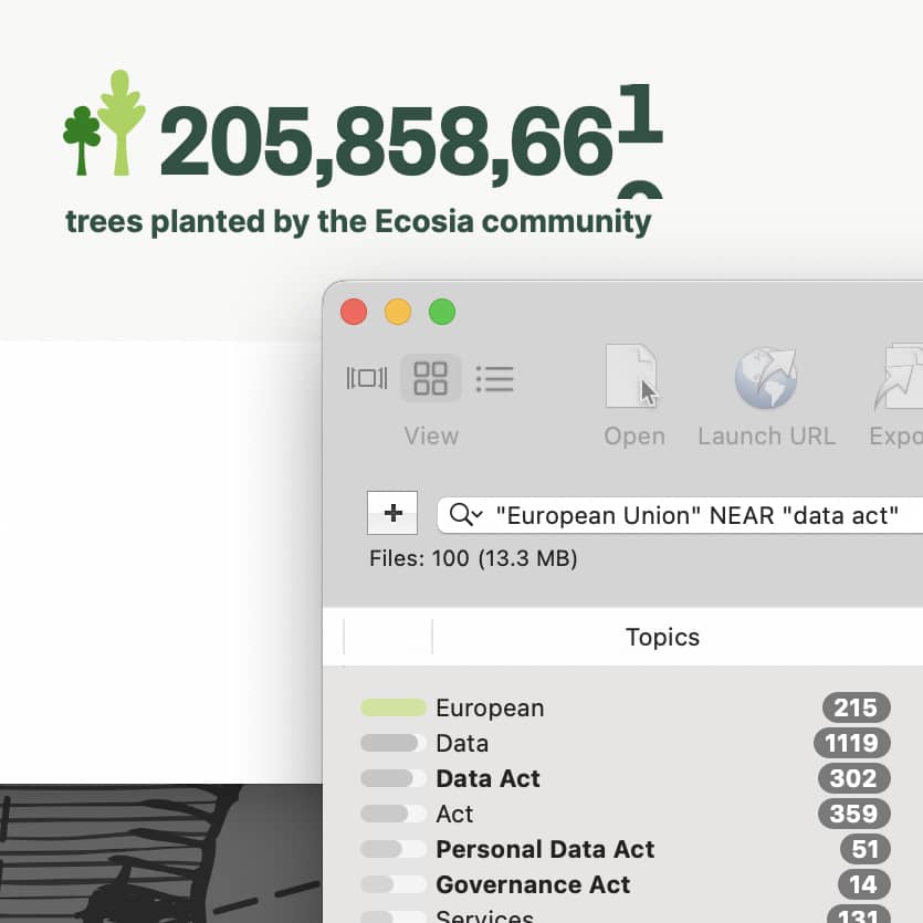 Das Bildschirmfoto zeigt ein Browser-Fenster mit der Ecosia-Suchmaschine und ein Devon-Agent-Fenster mit einer Suchanfrage mit dem Operator Near und dem Ecosia-Plugin.
