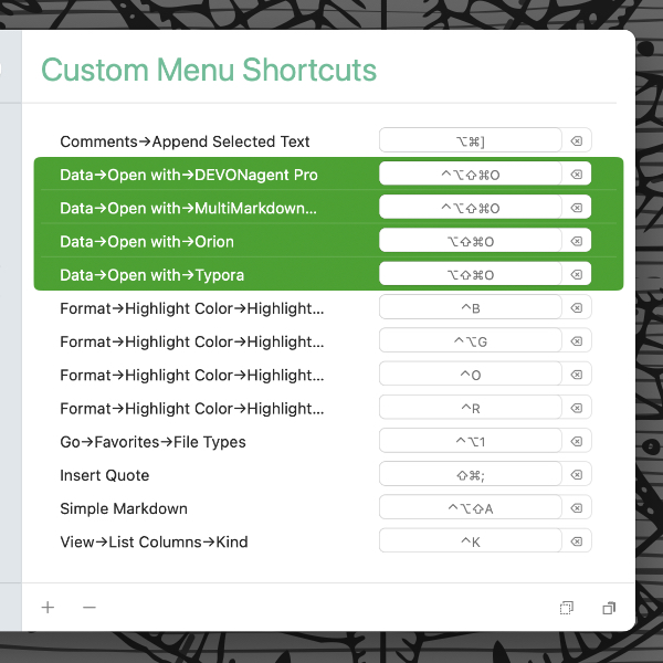 Bildschirmfoto, auf dem ein Fenster mit der Anwendung Custom Shortcuts zu sehen ist, in dem einige Tastaturkurzbefehle definiert sind.