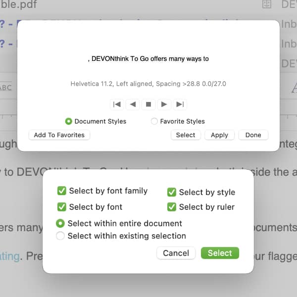 Screenshot showing the Style dialog for a rich text document in DEVONthink and its selection controls.