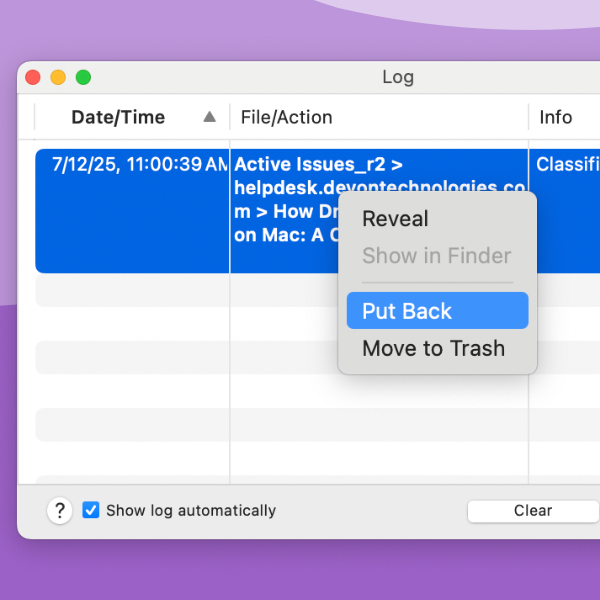 This screenshot shows the DEVONthink log window. The log window displays a selected entry and a context menu with the Put Back command selected.