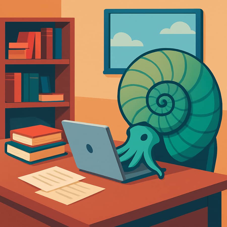 An AI-generated image showing an ammonite in an academic-looking work environment, sitting at a desk in front of a laptop. Books and documents are scattered on the desk, and a bookshelf stands next to the table.