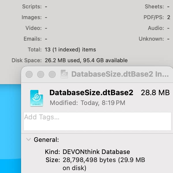 Database properties and the Finder's Get Info pane.