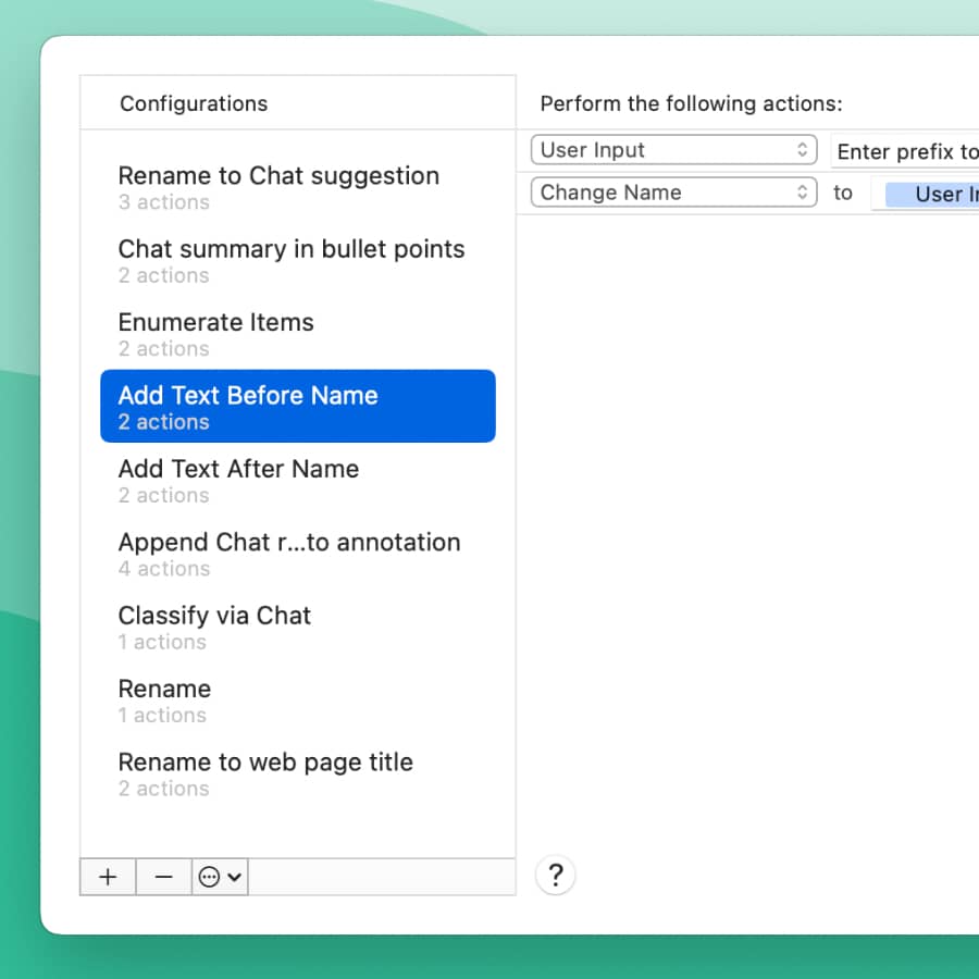 Screenshot showing the batch process pop-up in DEVONthink with some saved configurations.