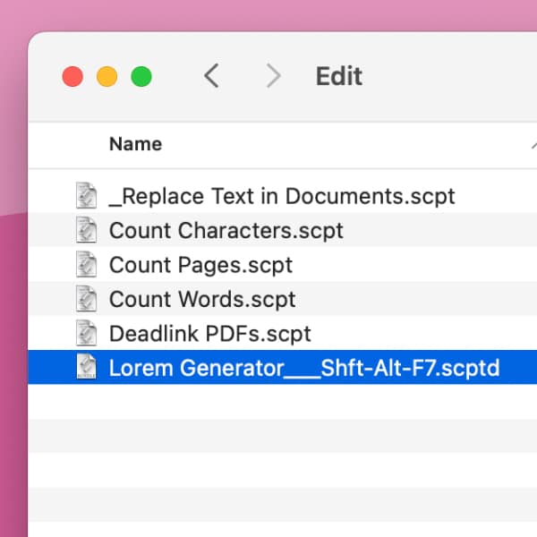 Screenshot showing a Finder window with some DEVONthink script files. One script is selected, and its file name contains a keyboard shortcut, as described in the tip.