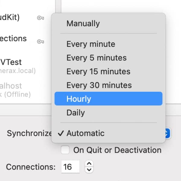 Screenshot showing the sync settings with the settings for the sync intervals of DEVONthink.