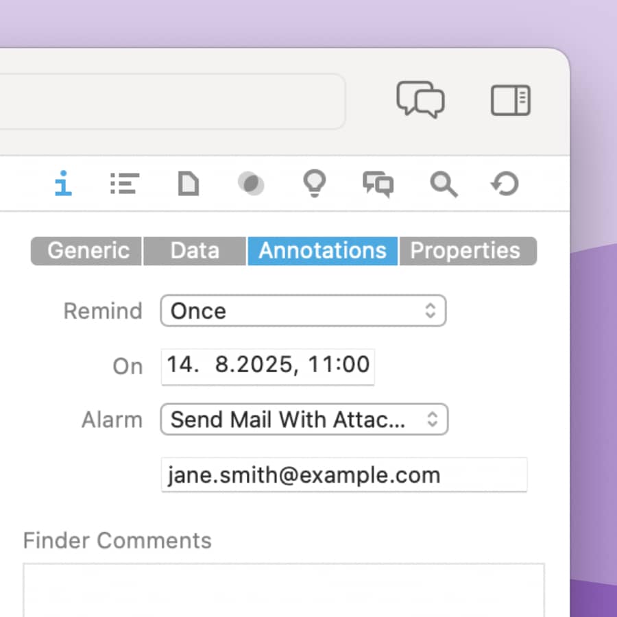 Screenshot showing the Info Annotations inspector with a reminder set that automatically sends an email with an attachment, as described in the post.