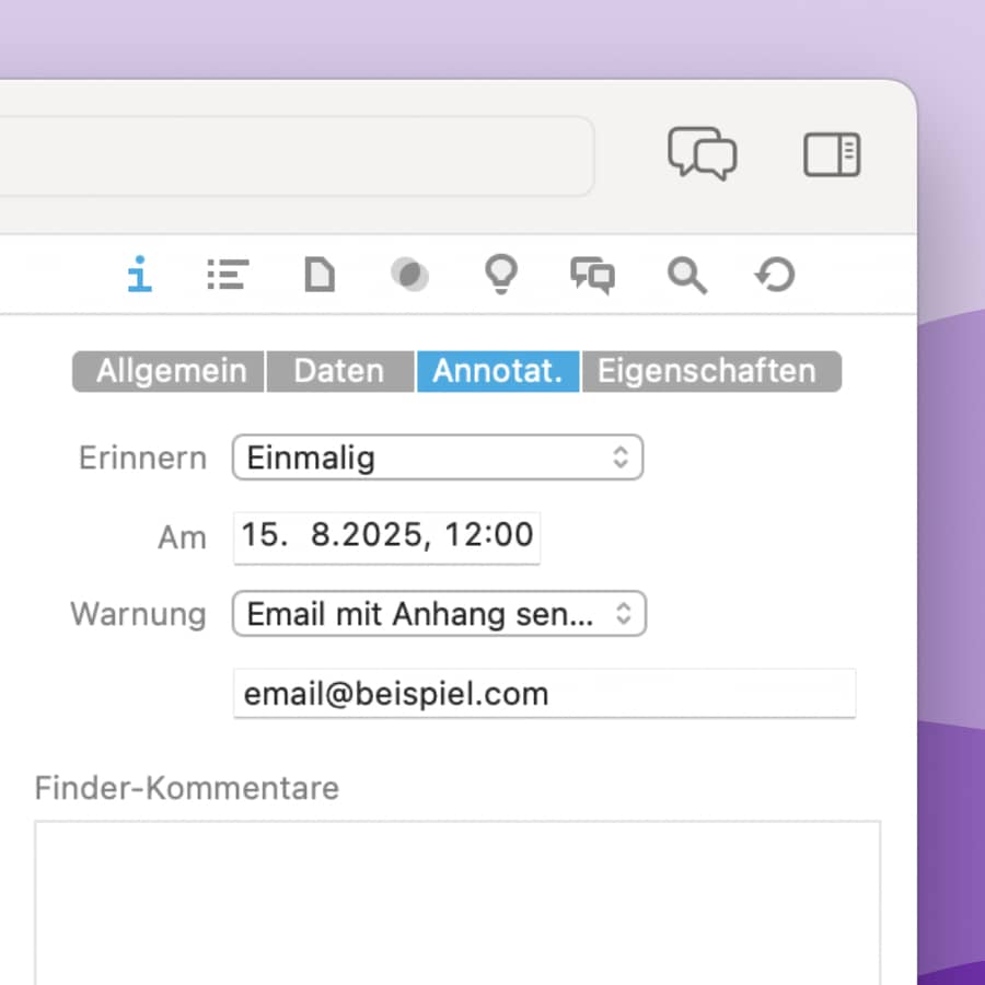 Bildschirmfoto, das den Inspektor Annotationen & Erinnerungen in DEVONthink zeigt. Dort ist eine Erinnerung für das automatische Versenden einer E-Mail mit Anhang eingestellt, wie im Text beschrieben wird.