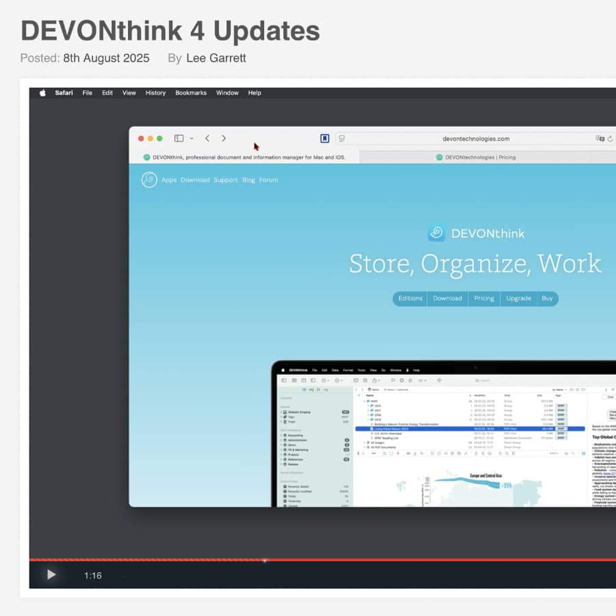 Screenshot showing the new video tutorial for DEVONthink 4 on ScreenCastsOnline's website.