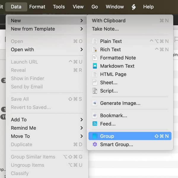 Screenshot showing the Data New submenu in DEVONthink, with the new group command selected.