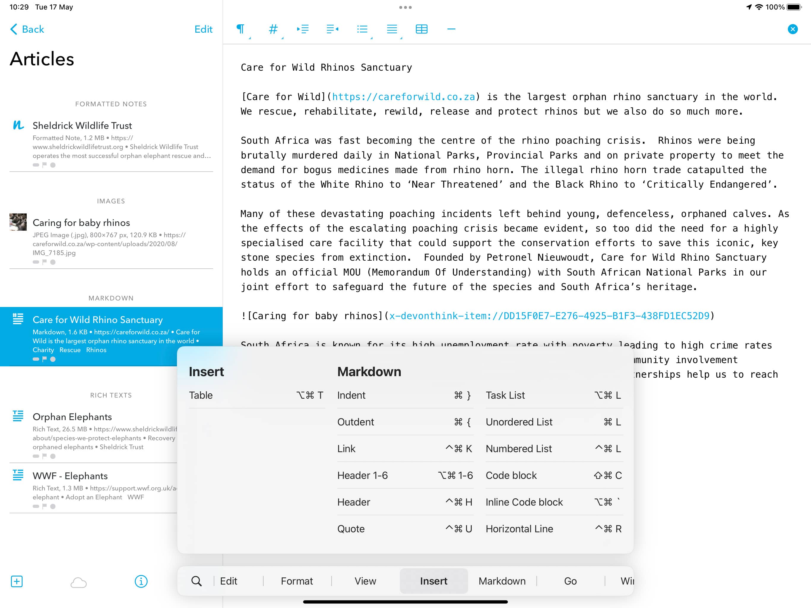 Screenshot of DEVONthink To Go text editor with Markdown and the key commands overlay.
