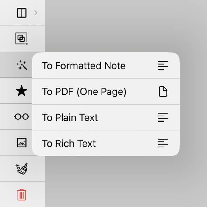 Screenshot of a context menu showing multiple conversion options.